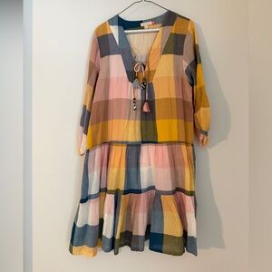 Pink Chicken Multicolor Plaid Tie-Front Midi Dress